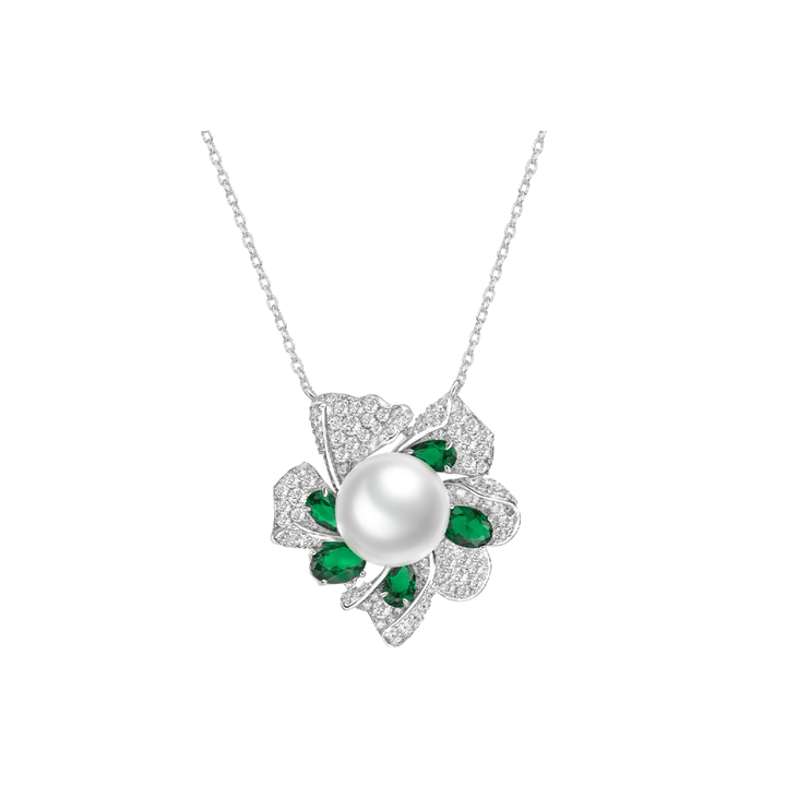 Emerald and Pearl Blossom Pendant Necklace - Gem Vivi