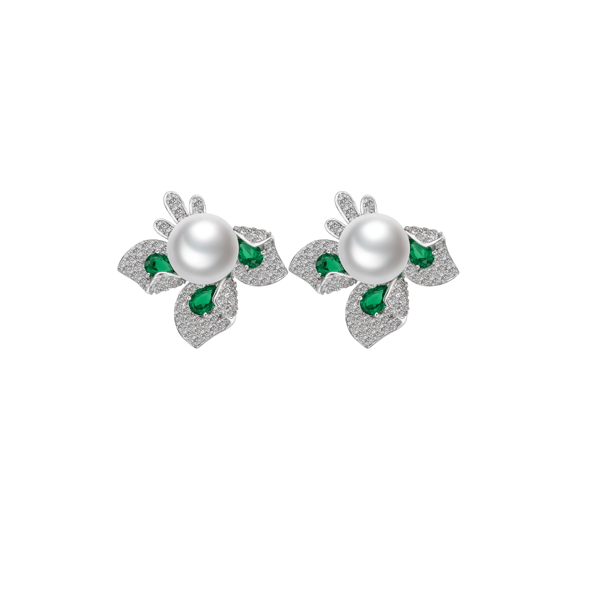 Emerald and Pearl Blossom Studs Earrings - Gem Vivi