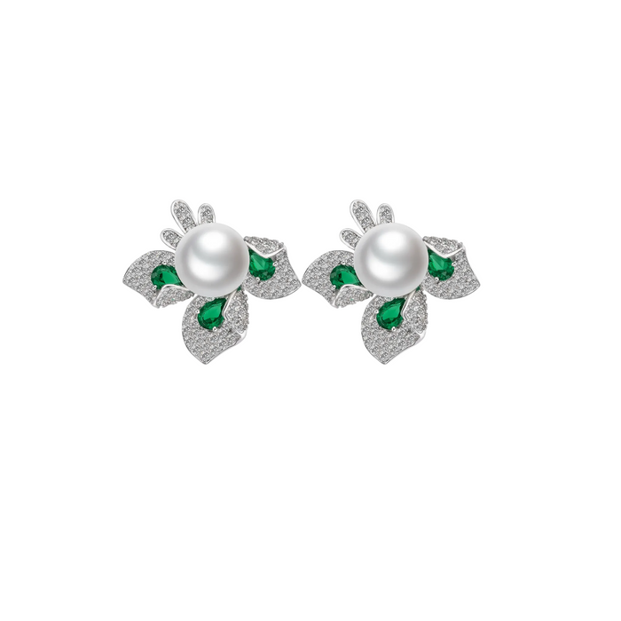 Emerald and Pearl Blossom Studs Earrings - Gem Vivi
