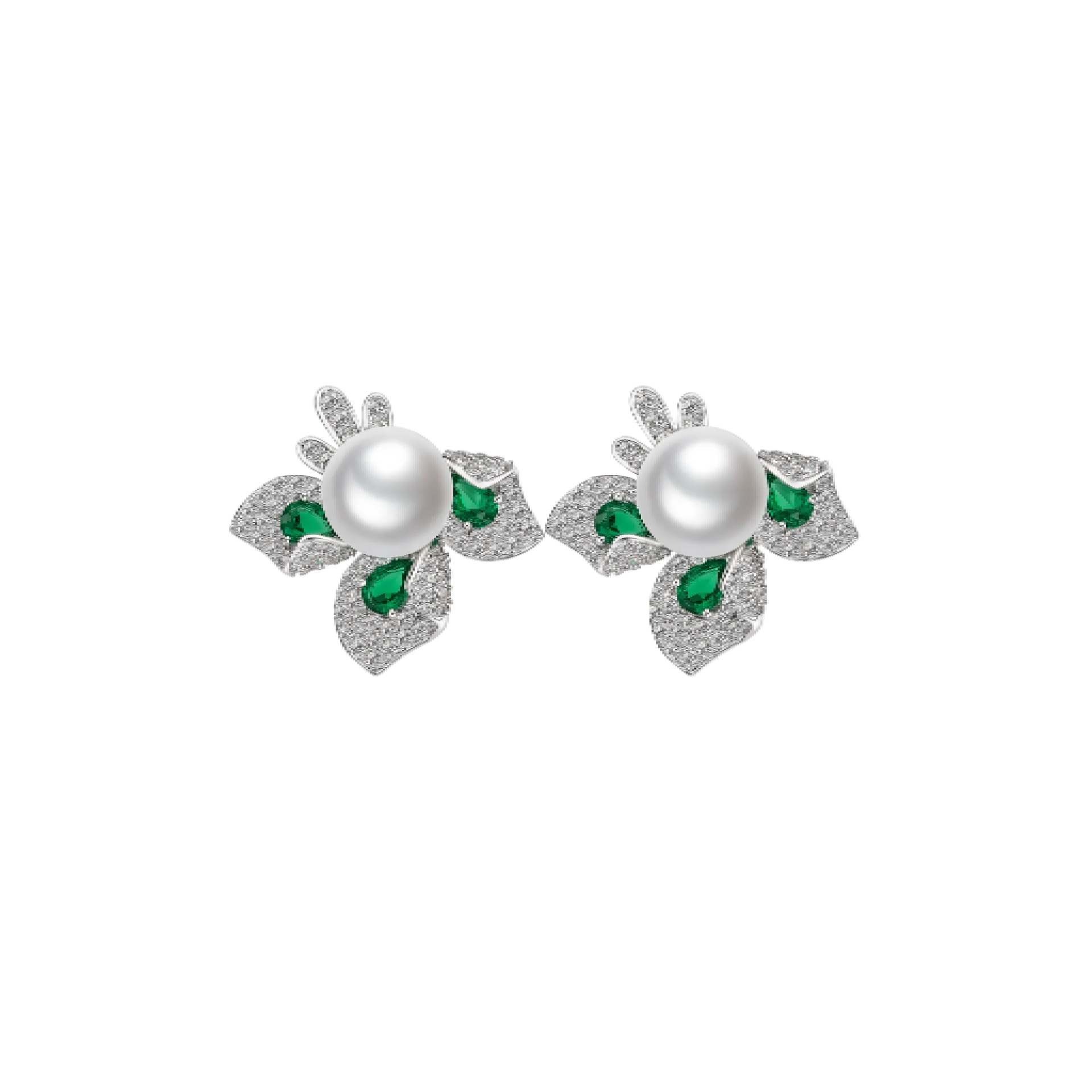 Emerald and Pearl Blossom Studs Earrings - Gem Vivi