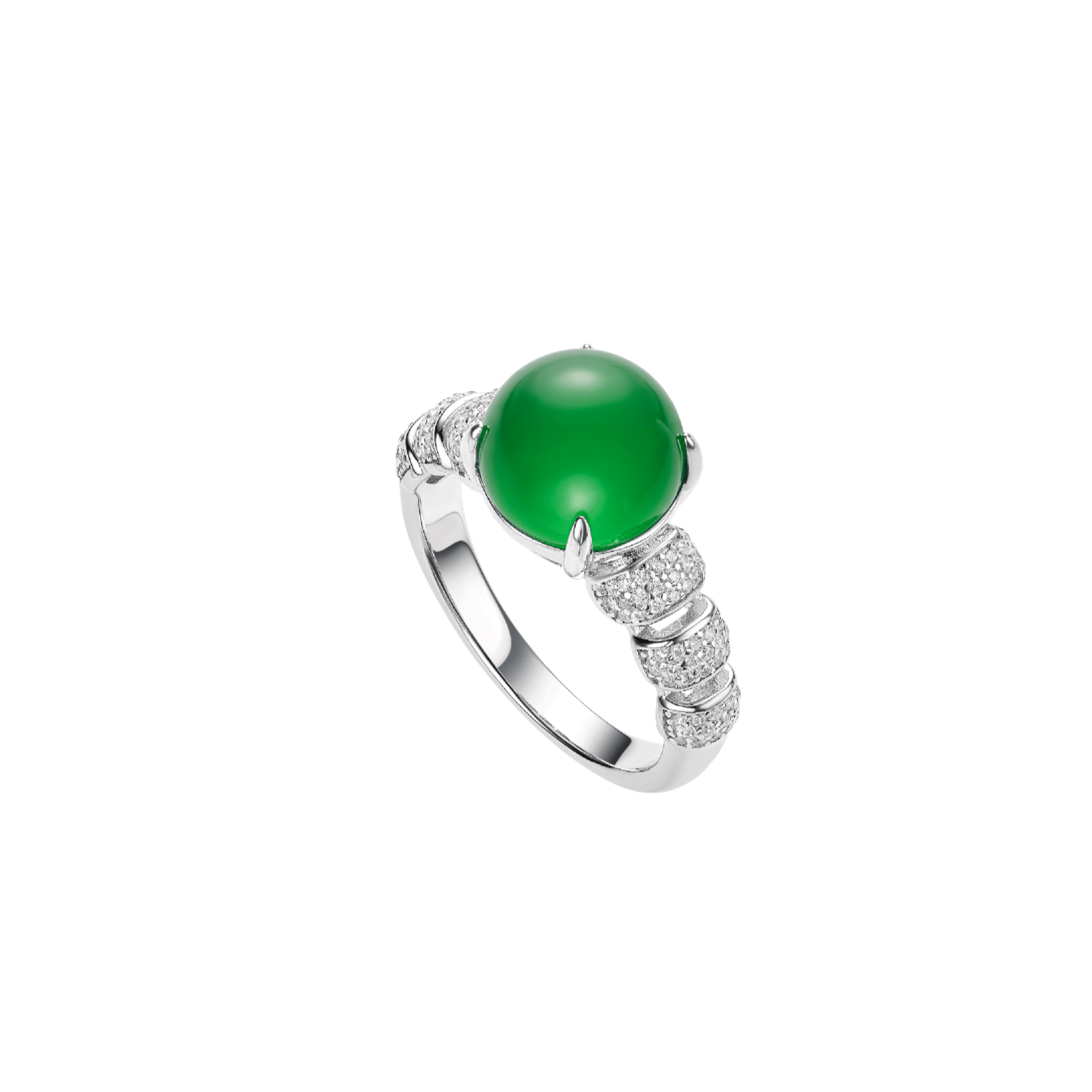 The Gem Vivi Chalcedony Cabochon Ring features a silver-green round chalcedony centerpiece accented with small clear stones along the band.