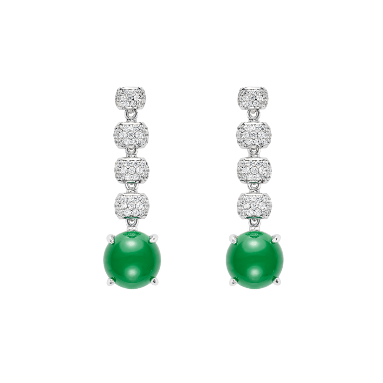 Introducing the Gem Vivi Chalcedony Cabochon Drop Earrings: elegant emerald-green drops with three white gemstone clusters and a single green stone, all set in luminous 18k white gold.