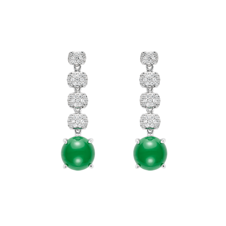 Introducing the Gem Vivi Chalcedony Cabochon Drop Earrings: elegant emerald-green drops with three white gemstone clusters and a single green stone, all set in luminous 18k white gold.