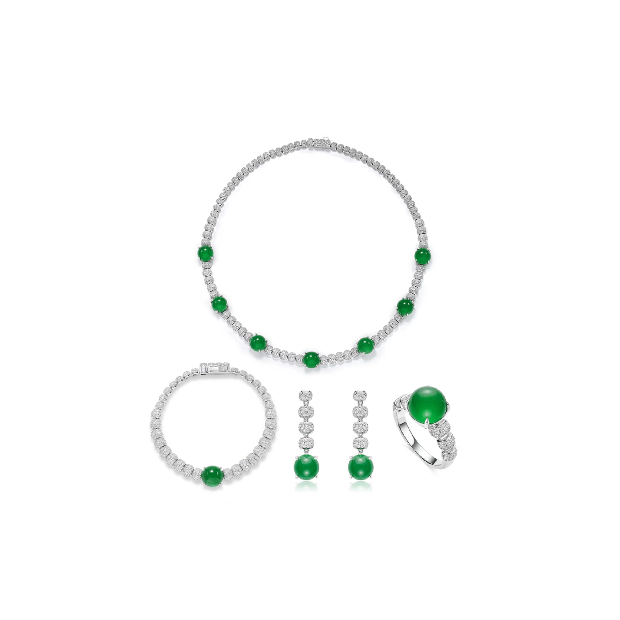 The jewelry set features a necklace, bracelet, ring, and Gem Vivi Chalcedony Cabochon Drop Earrings in 18k white gold with green gemstones and pavé diamond beads on a white background.