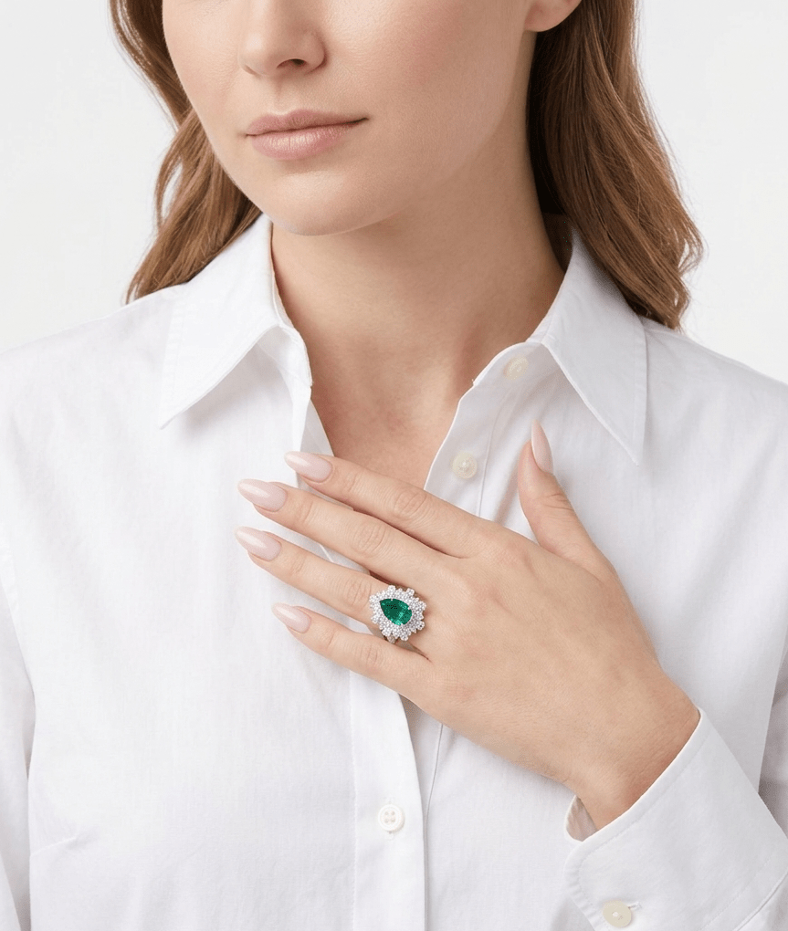 Emerald Cascade Harmony Halo Ring - Gem Vivi