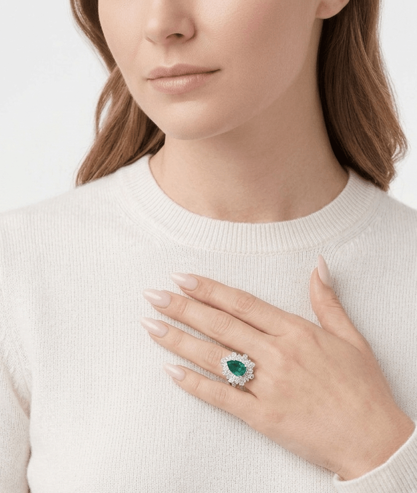 Emerald Cascade Harmony Halo Ring - Gem Vivi