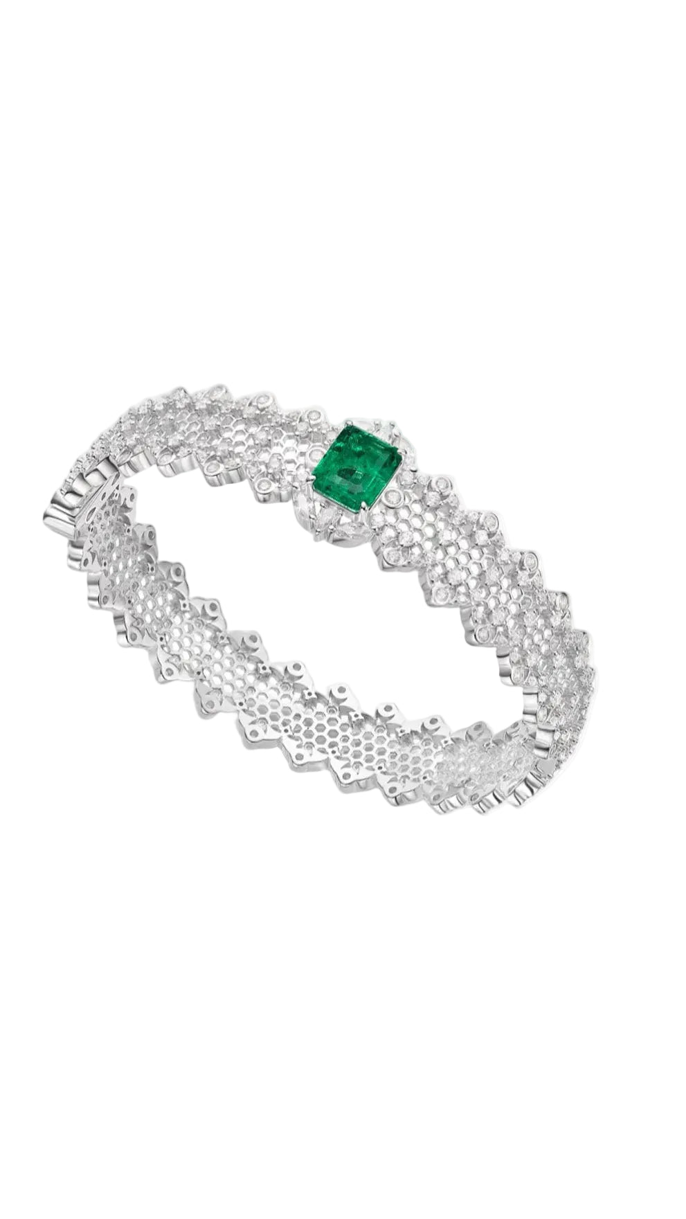 The Gem Vivi Emerald Mesh Bracelet is a silver piece with a geometric pattern, set with diamonds and a striking square-cut lab-created emerald at its center.