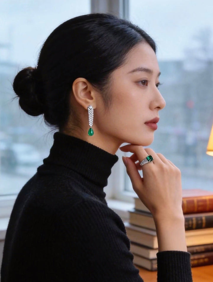 Emerald Drop Feather Earrings - Gem Vivi