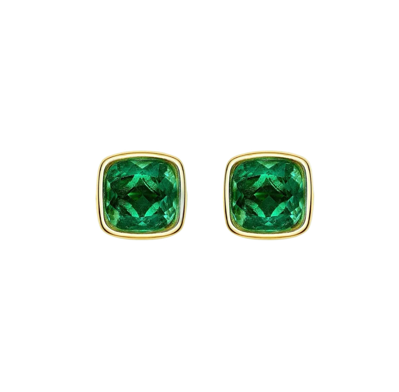 The Chloe Emerald Glow Cushion Studs by Gem Vivi feature lab-created emerald gemstones set in 18k yellow gold, shown on a white background.