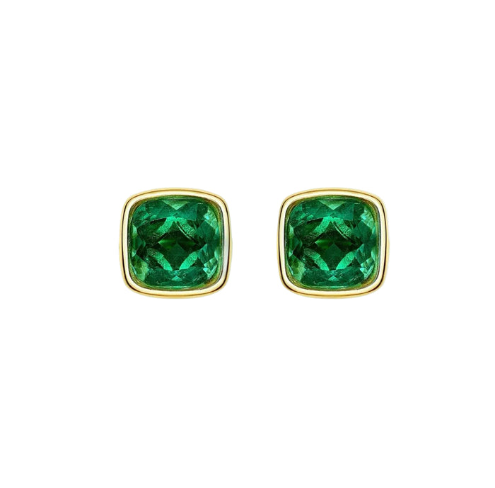The Chloe Duo Glow Cushion Studs by Gem Vivi are gold stud earrings with cushion-cut lab-created emeralds in simple gold bezels, shown against a white background.