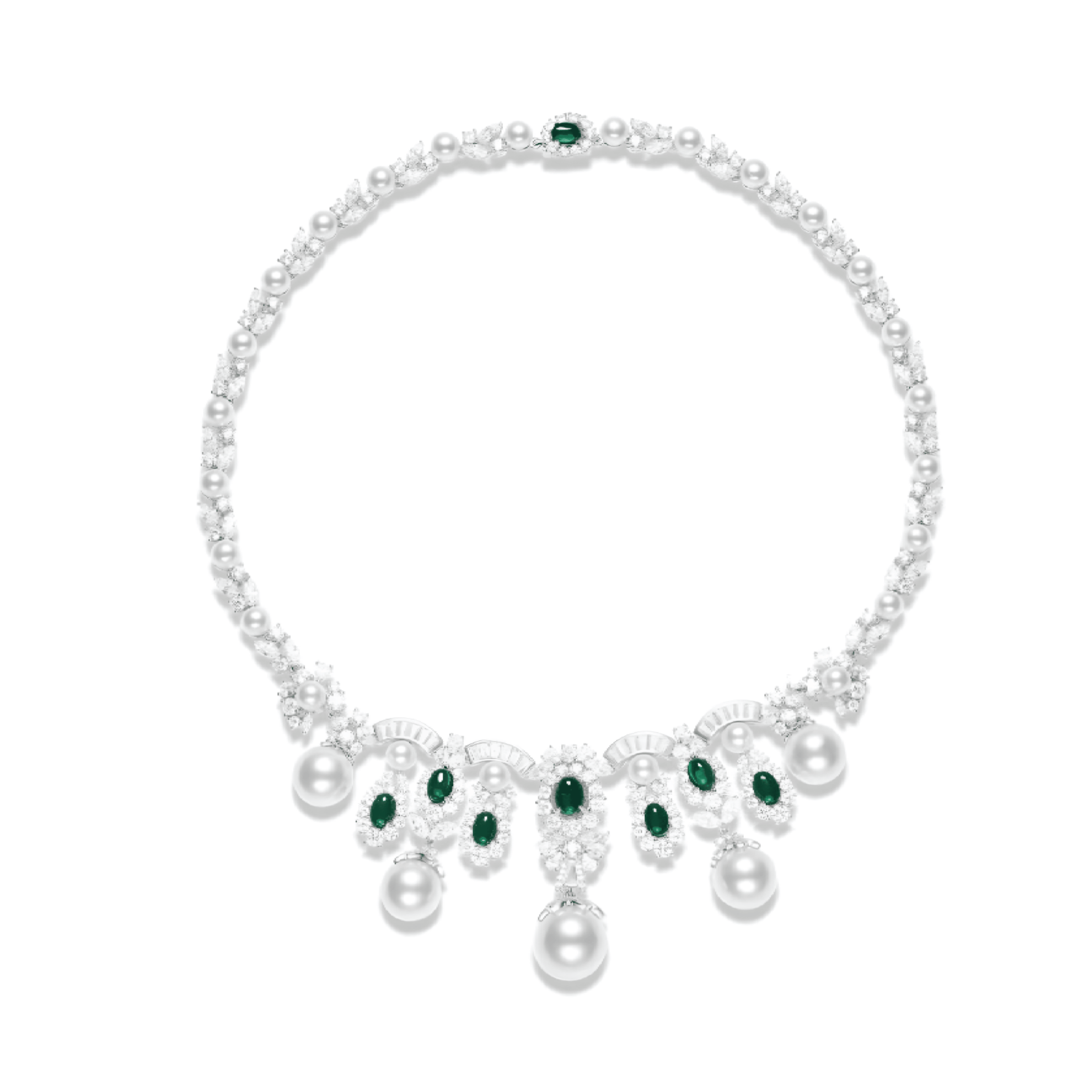 The Gem Vivi Emerald & Pearl Drop Statement Necklace features green gemstones and five large hanging pearls arranged symmetrically on a white background.