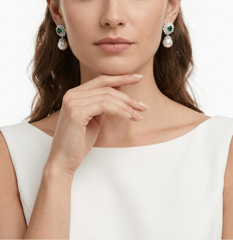Emerald & Pearl Drop Earrings - Gem Vivi