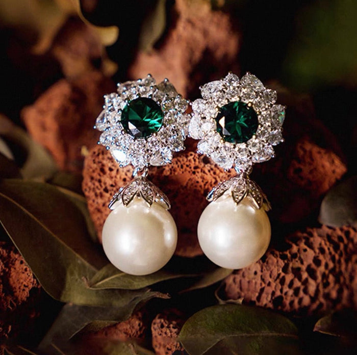 Emerald & Pearl Drop Earrings - Gem Vivi
