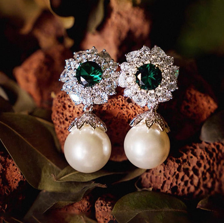 Emerald & Pearl Drop Earrings - Gem Vivi