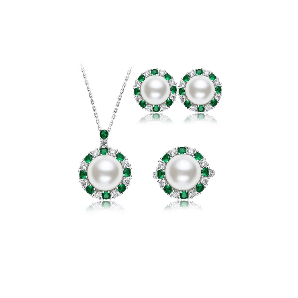 Emerald Pearl Halo Jewelry Set - Gem Vivi