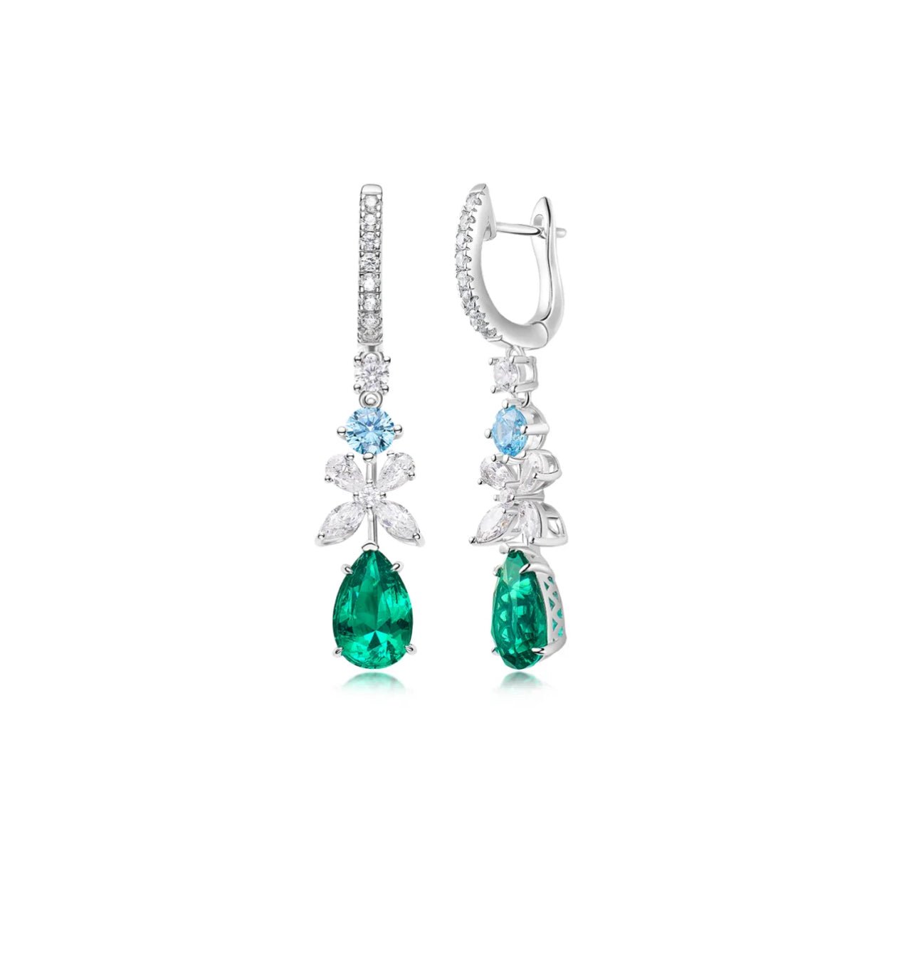 The Emerald Cascade Harmony Drop Earrings from Gem Vivi showcase green teardrop lab-created emeralds, blue round stones, and clear marquise and round gems set in 18k white gold.