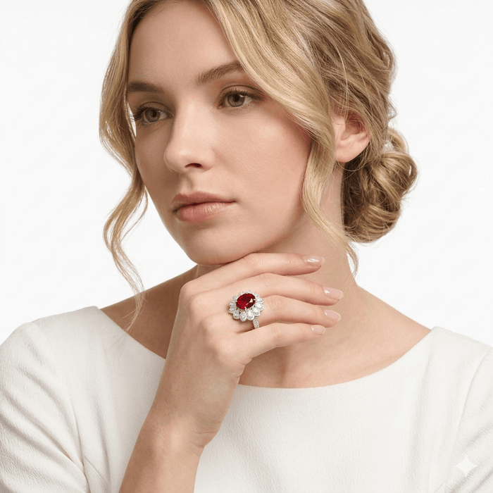 Evelyn Flower Ruby Halo Ring - Gem Vivi