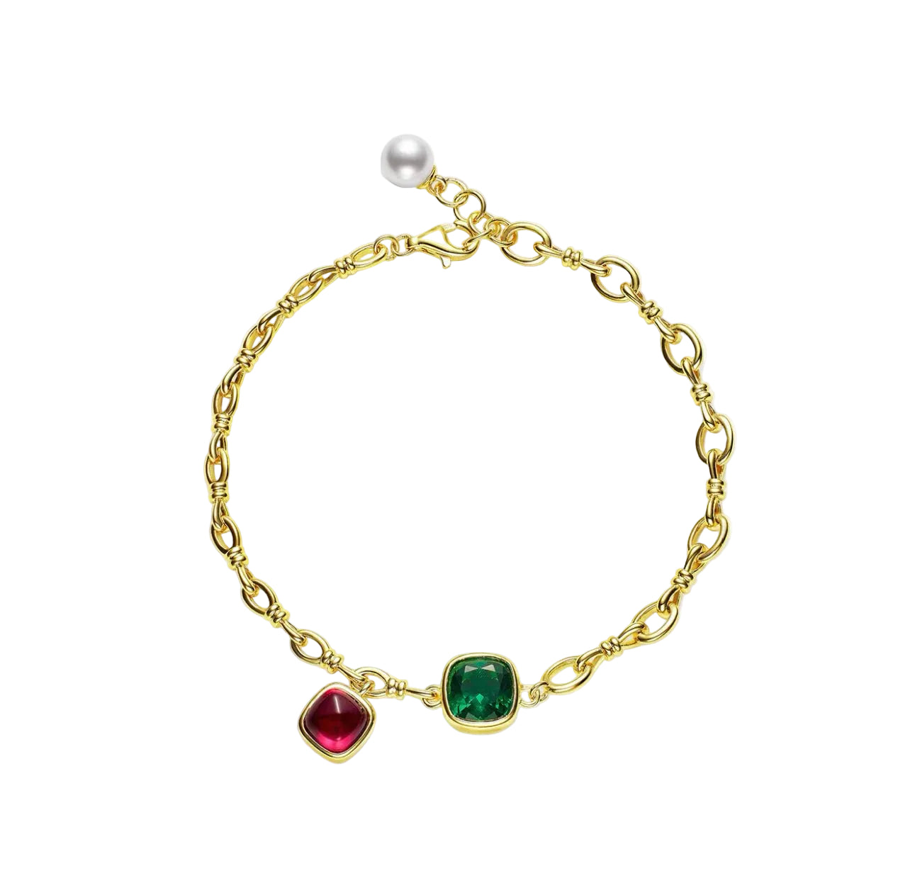 The Chloe Duo Charm Bracelet by Gem Vivi features 18k yellow gold with a lab-created ruby, green gemstone charm, and a single pearl near the clasp, shown on a white background.
