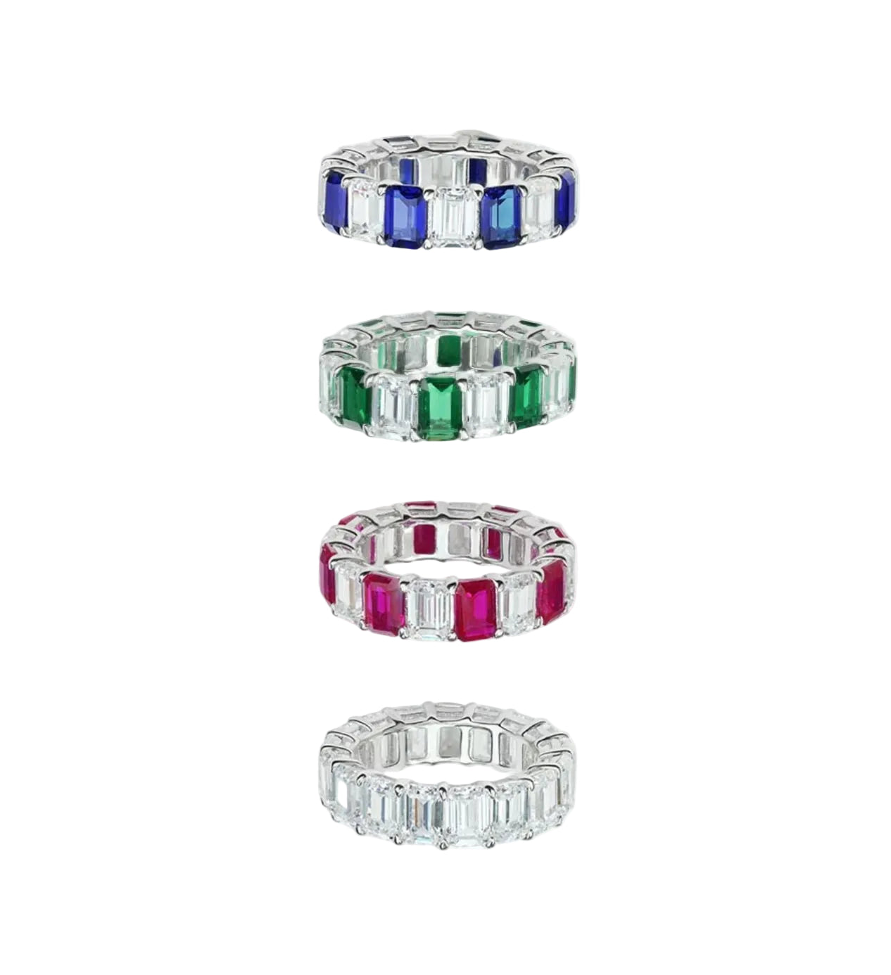 Four Gem Vivi Lumière Emerald-Cut Eternity Bands, featuring lab-created gemstones in blue, green, pink, and clear, are displayed vertically against a white background.