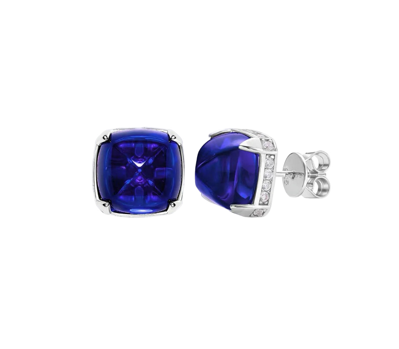 The Blue Midnight Sugar-loaf Studs by Gem Vivi are 18k white gold earrings with deep-blue cushion studs and side-set clear cubic zirconia stones for extra sparkle.