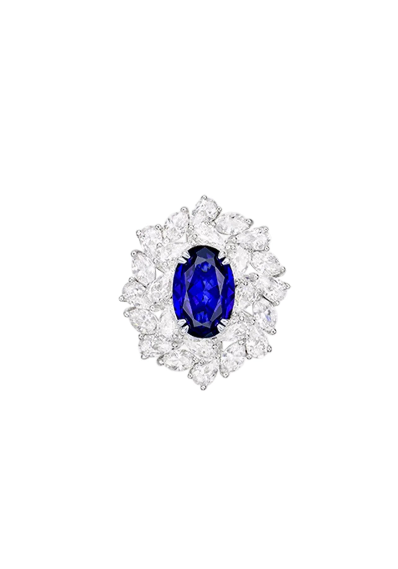 The Gem Vivi Blue Midnight Royale Marquise Cluster Ring features an oval blue sapphire set in 18k white gold, encircled by a decorative halo of white diamonds, shown against a white background.