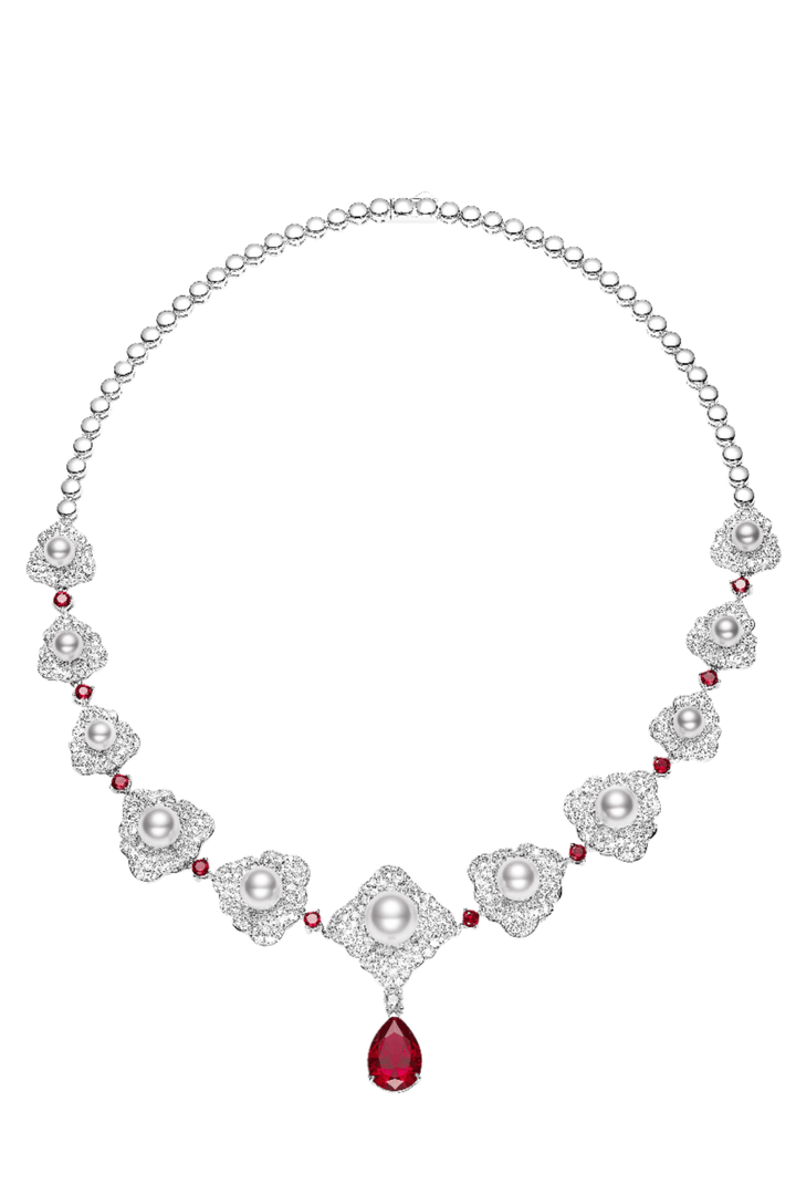 Pearl Rosette Cascade Ruby Statement Necklace - Gem Vivi