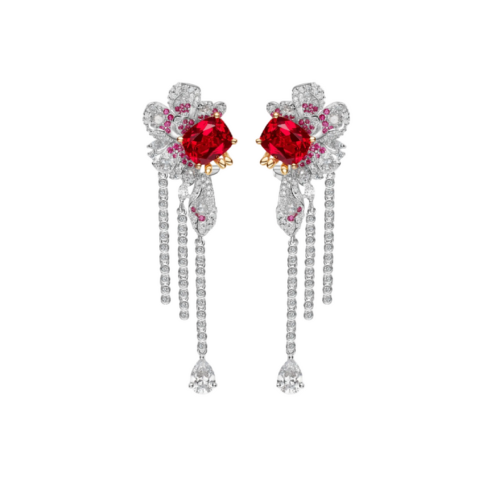 The Cherish Floral Drop Earrings by Gem Vivi feature cushion cut rubies, white diamonds, and pink stones set in 18k white gold with dangling diamond chains.