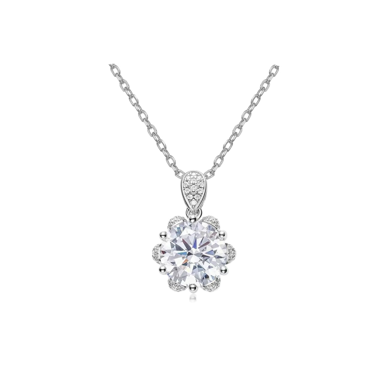 The Gem Vivi Celestia Bloom Solitaire Necklace features a thin chain and a flower-shaped pendant with a central gemstone and smaller stones, all crafted in 18k white gold for an elegant DiamondLuxe look.