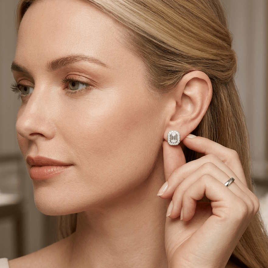 Radiant Emerald Halo Stud Earrings - Gem Vivi