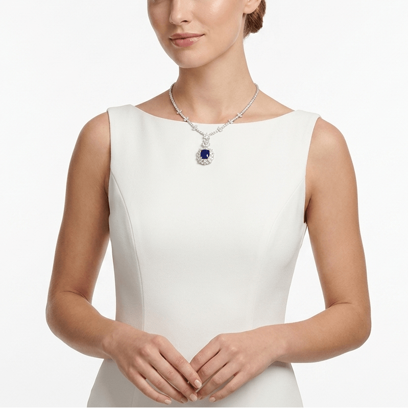 Royal Sapphire Halo Drop Necklace - Gem Vivi
