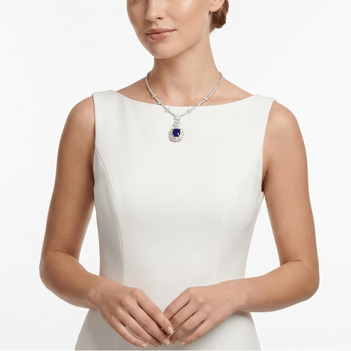 Royal Sapphire Halo Drop Necklace - Gem Vivi