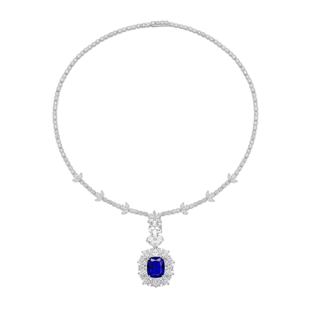 Royal Sapphire Halo Drop Necklace - Gem Vivi