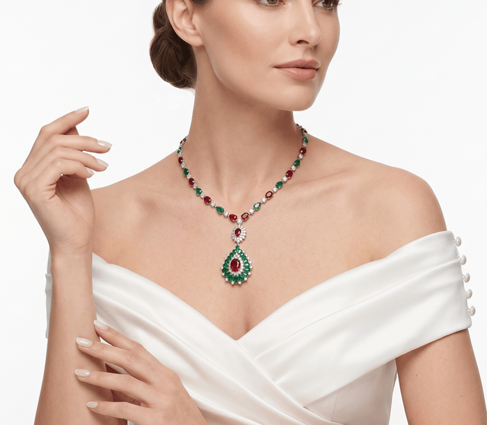 Ruby & Emerald Teardrop Necklace - Gem Vivi