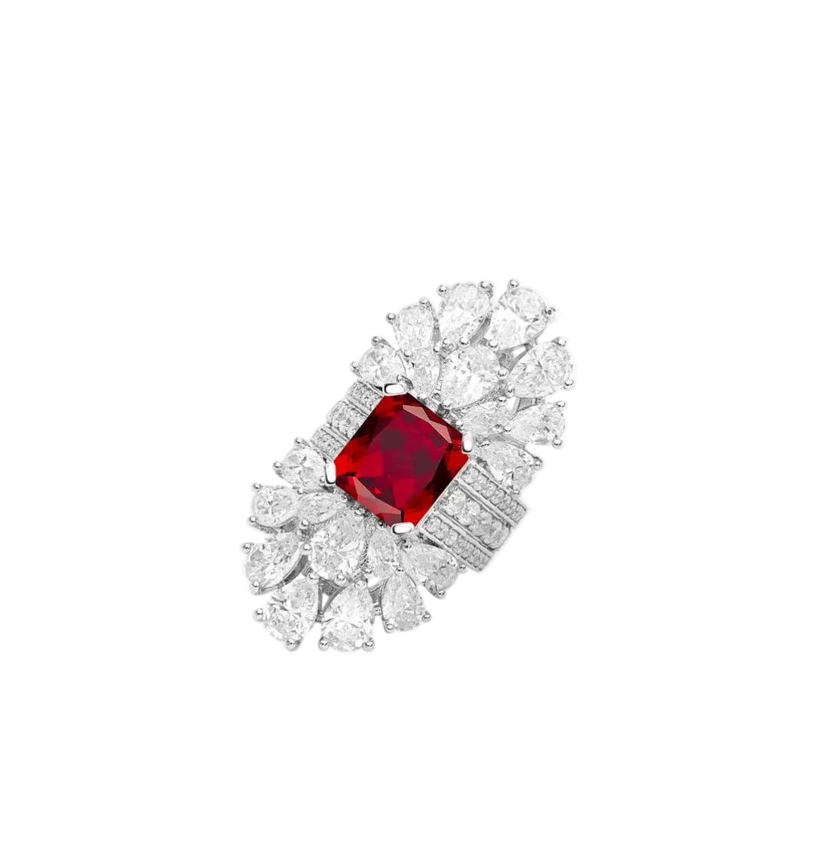 The Gem Vivi Candela Radiance Regal Cluster Ring features a bold cushion-cut ruby center, surrounded by clear teardrop diamonds on a polished silver band.