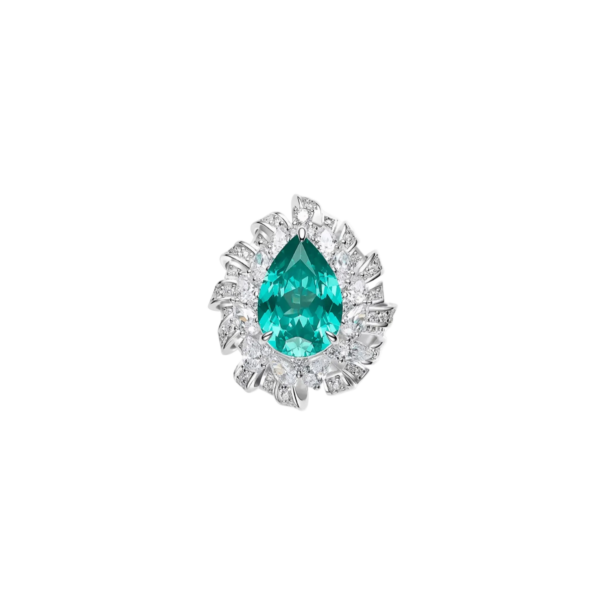The Paraiba Teardrop Halo Ring by Gem Vivi showcases a pear-cut Luxe Teal Paraiba center stone in 18k white gold, accented by clear marquise-cut stones.