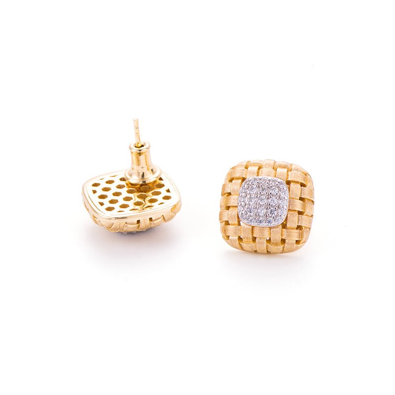 Gem Vivi’s Woven Luxe Cushion Studs in 18K Yellow Gold feature a basket-weave design and Cubic Zirconia accents, shown from both front and back views.