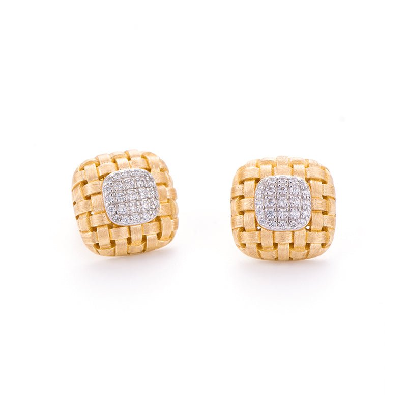 The Gem Vivi Woven Luxe Cushion Studs feature a square design in 18K yellow gold with a central cluster of round diamonds set in white metal.