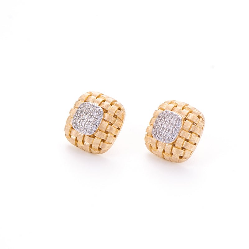 Gem Vivi Woven Luxe Cushion Studs in 18K yellow gold feature a woven texture and central cubic zirconia cluster, shown on a white background.