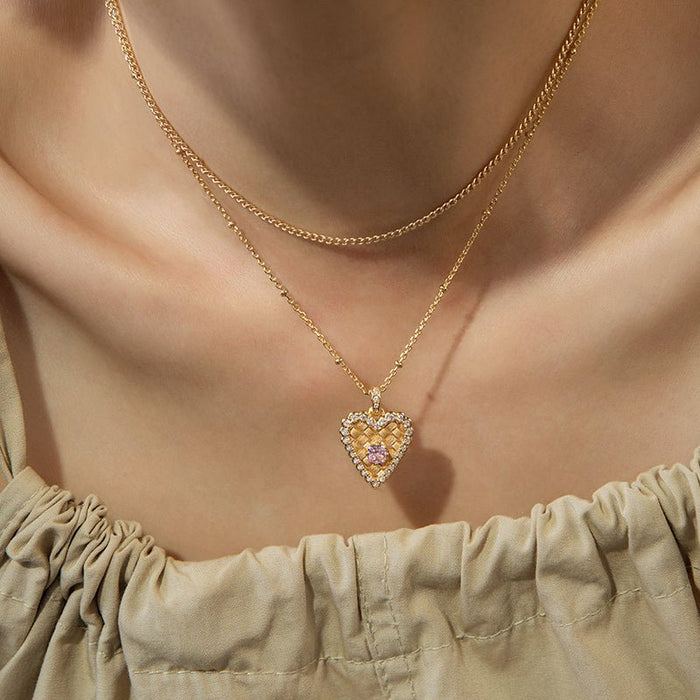 Woven Heart Pink Sparkle Necklace - Gem Vivi