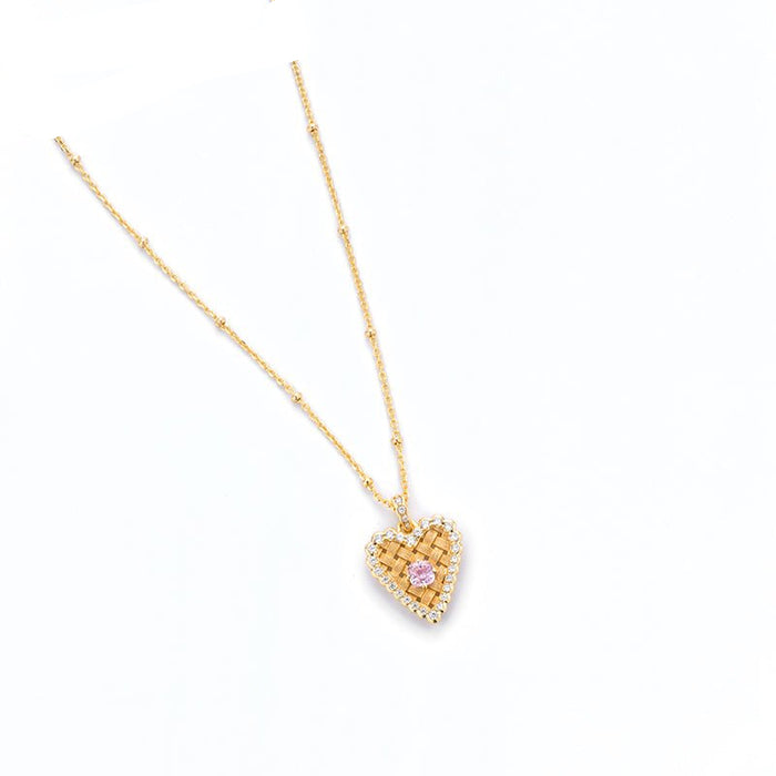 Woven Heart Pink Sparkle Necklace - Gem Vivi